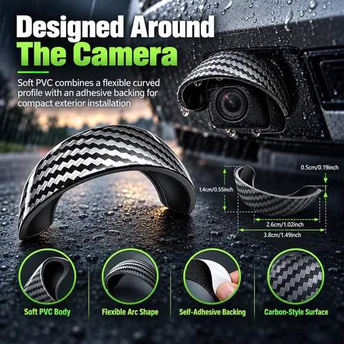 Vista 3 de Protector de lluvia para cámara de respaldo de 4 piezas, toldo curvado de PVC negro, cubierta de lluvia para cámara de marcha atrás, protector