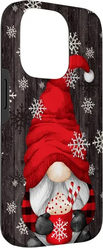 Vista 3 de iPhone 14 Pro Gnomo de Navidad rojo para mujeres con taza de cacao caliente lindo estuche de Navidad