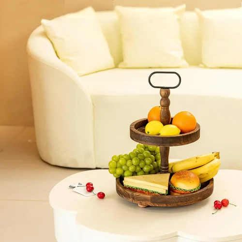 Vista 6 de Soporte de bandeja de 2 niveles para decoración del hogar, bandeja escalonada de madera para centro de mesa de cafetería, kit de bandejas Marrón