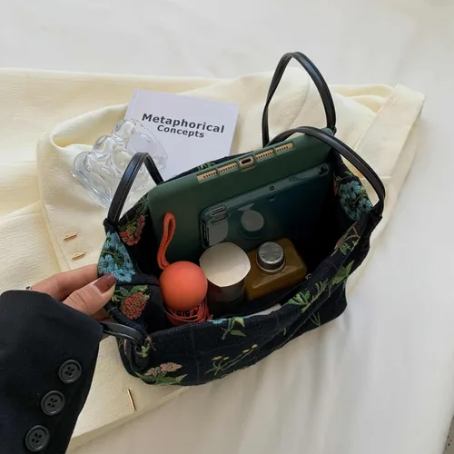 Vista 4 de Lefe Liee Bolso de mano pequeño floral para mujer, bolso de hombro de lona estético reutilizable, bolso cruzado tipo hobo, bolso de cubo casual