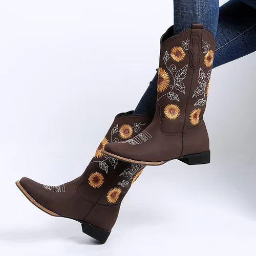 Vista 5 de gloryinterest Botas vaqueras para mujer, botas vaqueras de media pantorrilla, botas occidentales con bordado de girasol, punta cuadrada, tacón bajo