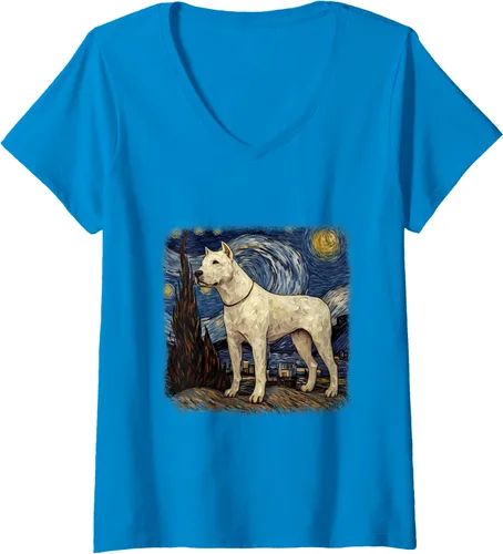 Vista 9 de Womens Van gogh Dogo Argentino in starry night V-Neck T-Shirt