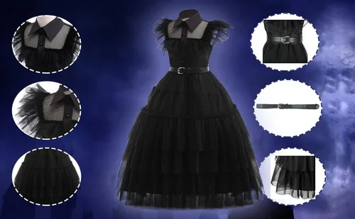 Vista 2 de Meiniyea Disfraz de miércoles Addams para niñas, disfraz casual para niños, disfraz de Halloween, cosplay, vestido de fiesta, color negro