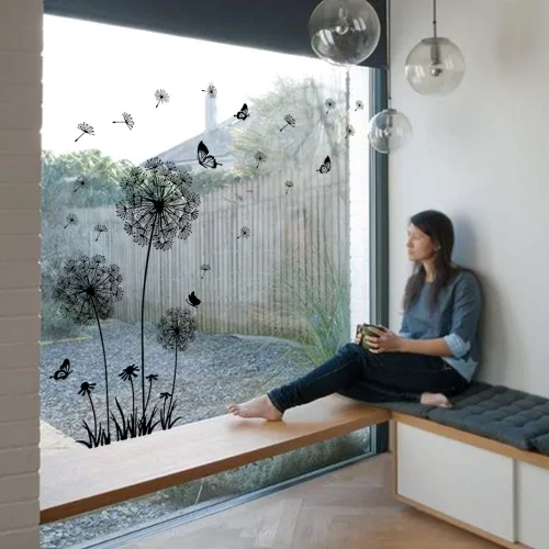 Vista 3 de decalmile Calcomanías de pared de diente de león, flores voladoras, mariposas, calcomanías de pared de diente de león, decoración de sala de estar