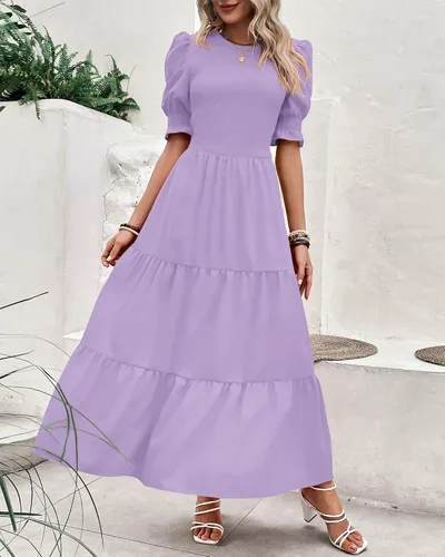 Vista 141 de BTFBM Vestidos para mujer, cuello redondo, casual, de verano, con volantes, manga corta, bohemio, con niveles, fruncido, largo, con estampado floral