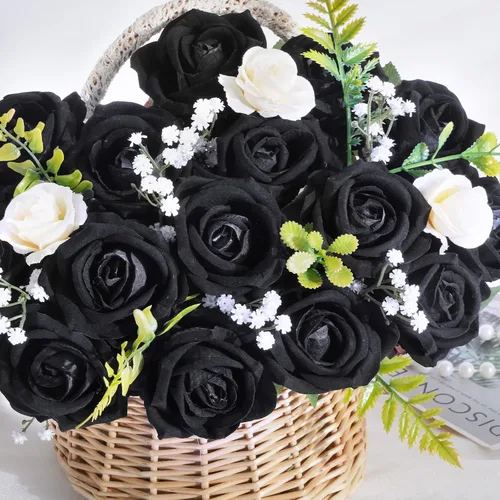 Vista 2 de 50 flores artificiales de rosas negras, ramo de rosas falsas de terciopelo