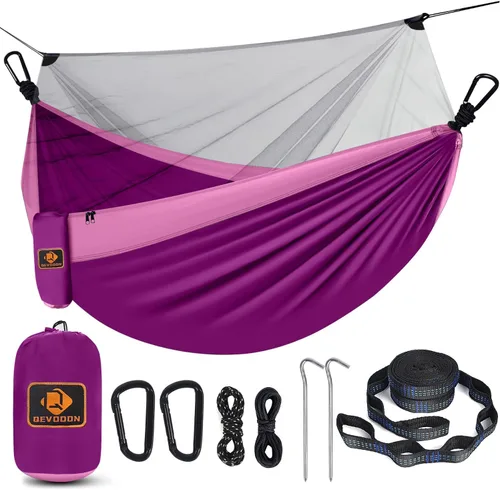 Vista 12 de Qevooon Hamaca de camping con red, hamacas ligeras portátiles de viaje con correas para árboles y mosquetones sólidos en forma de D, hamaca de Negro