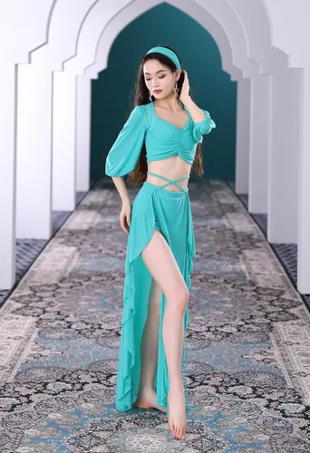 Vista 6 de Disfraces de danza del vientre para mujer, camiseta corta y falda de baile con abertura, carnaval, Halloween, trajes de danza del vientre, tallas S-L