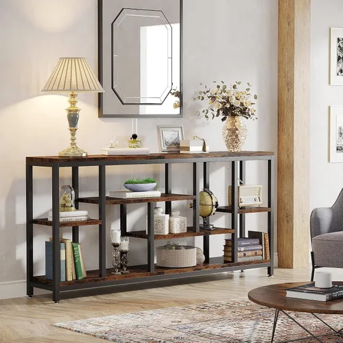 Vista 2 de LITTLE TREE Mesa de sofá extra larga de 70.9 pulgadas detrás del sofá de 3 niveles industrial estrecha para entrada, mesa decorativa para sala