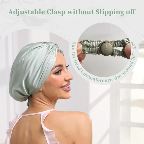 Vista 56 de Gorro de satén de seda ajustable para envolver el cabello para dormir, gorro de dormir de doble capa, turbante nocturno para cabello largo y rizado