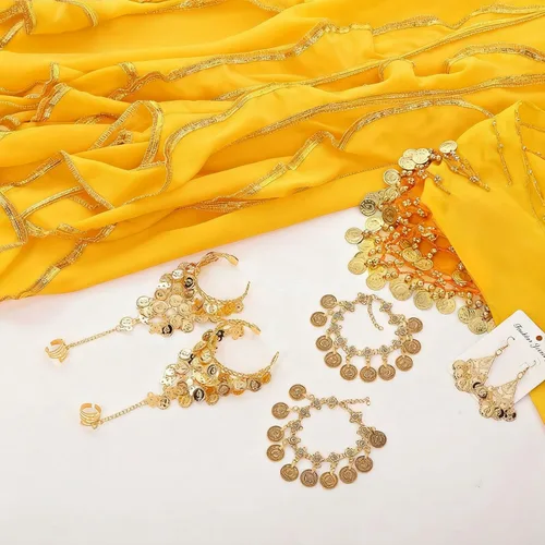 Vista 12 de Haysandy Conjunto de 8 piezas de danza del vientre para mujer, falda de danza del vientre, bufanda de cadera, 2 pulseras, aretes, pulsera de tobillo
