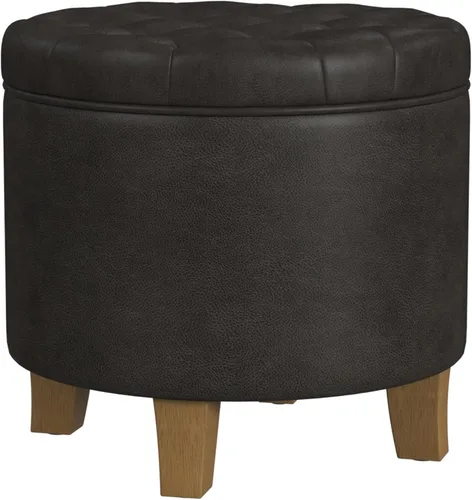 Vista 4 de HomePop Decoración del hogar Otomana reposapiés tapizada redonda de cuero sintético capitoné Otomana con almacenamiento para sala de estar