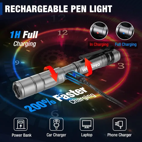 Vista 3 de WORKPRO Luz de bolígrafo recargable, mini linterna, paquete de 2 linternas EDC ultracompactas, linterna de bolsillo con clip, función de memoria y 2