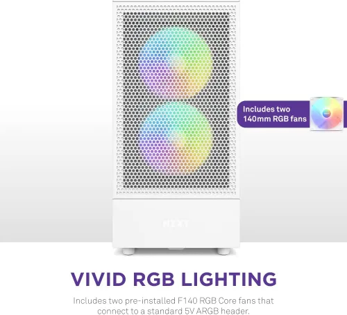 Vista 4 de NZXT H5 Flow RGB Estuche compacto ATX para juegos de PC de torre media – Panel frontal perforado de alto flujo de aire – Panel lateral de vidrio