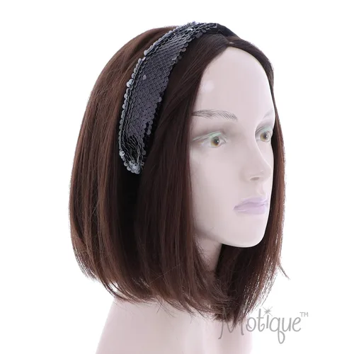 Vista 3 de Motique Accessories Elegante diadema de lentejuelas de satén medio y medio para niñas y mujeres, color negro