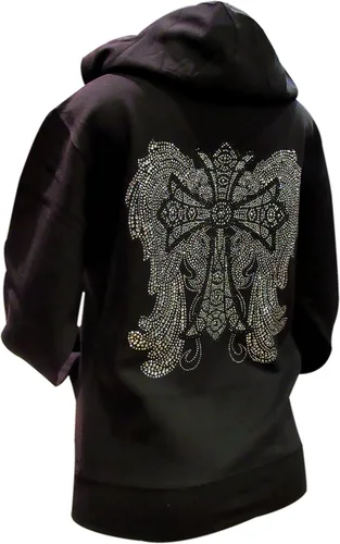 Vista 2 de Sudadera con capucha negra y plateada con diseño de cruz y alas de ángel, con cremallera negra