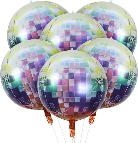 Vista 8 de HOUSE OF PARTY Globos de bola de discoteca 4D dorados y negros, 6 unidades, globos de aluminio de Mylar de 22 pulgadas para decoraciones de fiesta