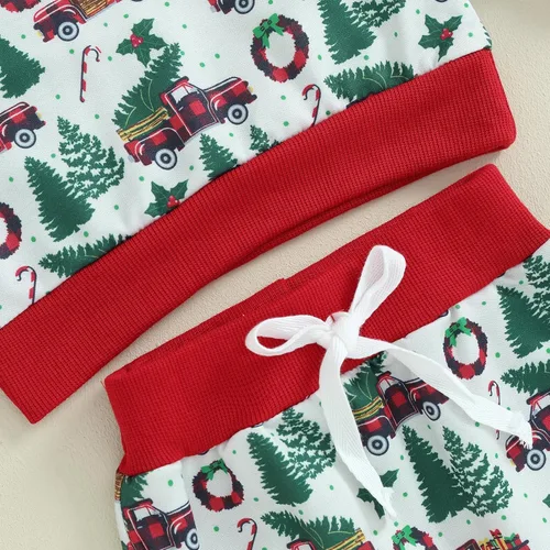 Vista 6 de SOLILOQUY Conjunto de sudadera de manga larga con estampado navideño para bebé niña y niño, 2 piezas