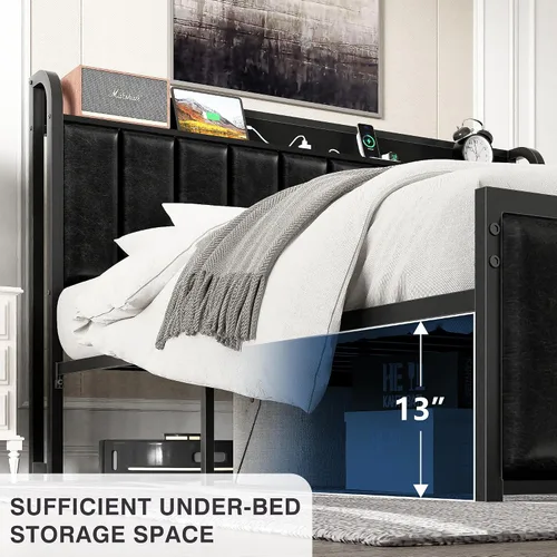 Vista 5 de VECELO Queen Bed Frame, Storage Upholstered Headboard with Charging Station, Platform Bedframe, Heavy Duty Metal Slats, No Box Spring Needed