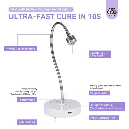 Vista 7 de SAVILAND Lámpara UV de cuello de ganso para uñas de gel: interruptor táctil de 12W, lámpara de uñas UV secado rápido 5S, lámpara LED de curado