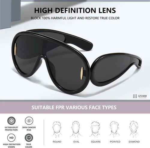 Vista 2 de Gafas de sol de aviador de gran tamaño para mujeres y hombres, máscara de onda de moda, UV400, estilo de diseñador de escudo futurista, AM051