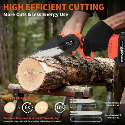 Vista 3 de Mini motosierra de 8 y 6 pulgadas, sin escobillas, batería de 2 x 4.0 AH, portátil, pequeña sierra inalámbrica con 4 placas guía, sierra de mano