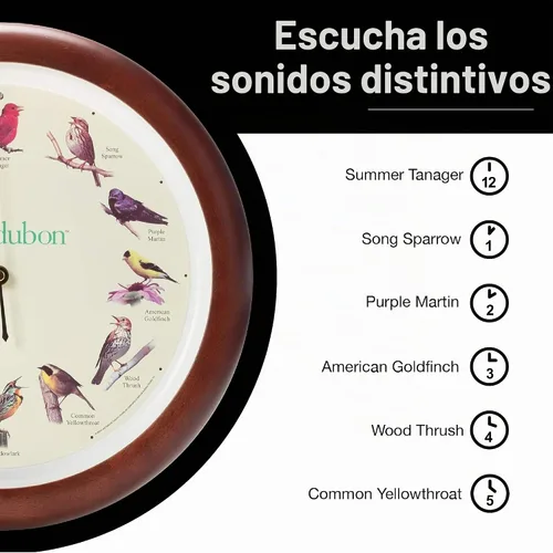 Vista 4 de Mark Feldstein, Audubon - Reloj de pared con diseño de pájaro cantante, 13 pulgadas, cereza prémium