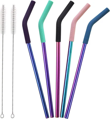 Vista 9 de Juego de 5 pajitas de acero inoxidable Senneny con puntas flexibles de silicona con cubierta de codos, 2 cepillos de limpieza y 1 bolsa portátil