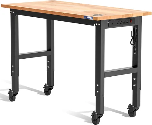 Vista 9 de WORKPRO Banco de trabajo de garaje ajustable, escritorio de trabajo resistente con parte superior de madera de goma de 48 x 22 pulgadas, con tomas