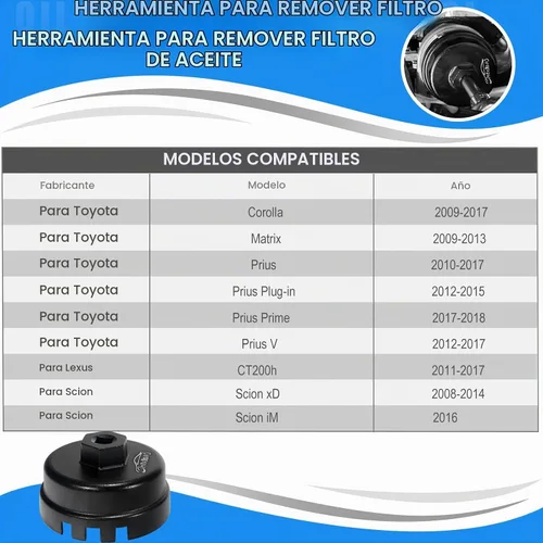 Vista 3 de 3mirrors herramienta de llave de tapa de filtro de aceite de aluminio de 64 mm compatible con Toyota Lexus Camry Corolla Highlander RAV4