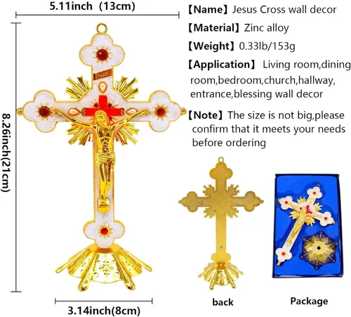 Vista 2 de rnuie Cruz de mesa de altar de Jesús, decoración de pared de crucifijo religioso con soporte, adorno cristiano de metal montado en la pared