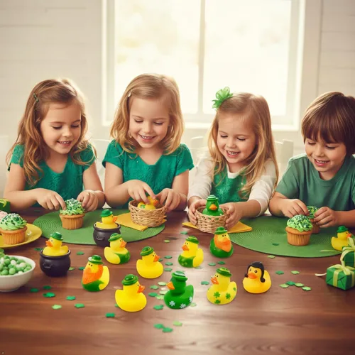 Vista 6 de 27 piezas de patos de goma para el día de San Patricio, accesorios para baby shower, mini patitos de 2.16 pulgadas, juguetes de baño para niños