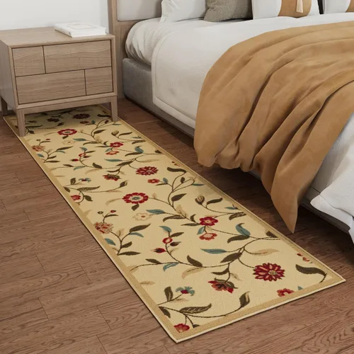 Vista 11 de Ottomanson, colección OttoHome, tapete para corredor con diseño azul claro y damasco (antiderrapante), parte trasera de goma Floral Beige