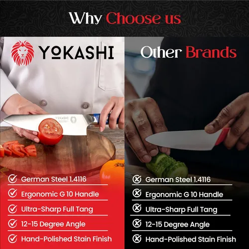 Vista 10 de YOKASHI Excalibur Cuchillo de Chef - Cuchillo de cocina de acero alemán duradero de 8 pulgadas - Cuchillo de cocina afilado para picar, rebanar