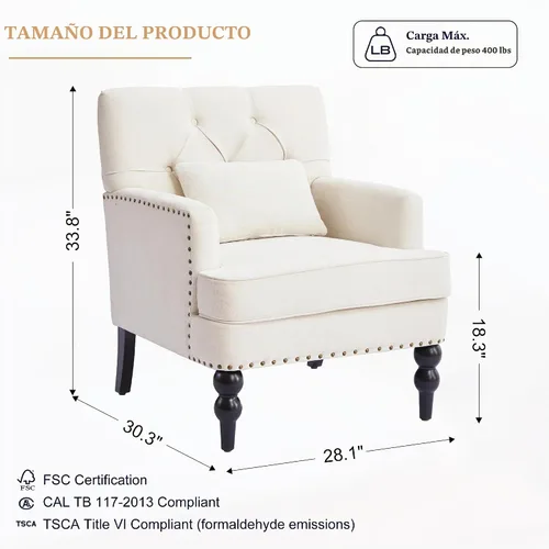 Vista 2 de HUIMO Silla de Club Acolchada, Silla de Acento con Almohada Lumbar, Sillón Tapizado con Botones, Sillas de Sofá de Tela de Lino para Dormitorio