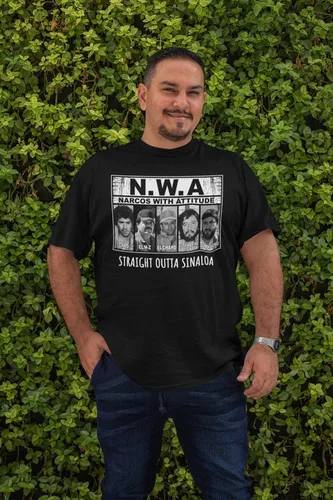 Vista 4 de ShirtBANC Narcos con actitud camiseta para hombre Sinaloa cartel Tee drogas distribuidor engranaje