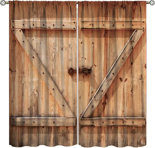 Vista 11 de Cortinas rústicas para dormitorio, puerta de granero antigua, tablero de madera, cortinas para sala de estar, madera rural dura, estilo rural