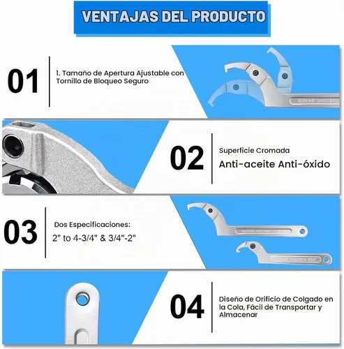 Vista 4 de Wadoy Herramienta de Llave de Gancho Ajustable en C, Cromo Vanadio 3/4-2"(19-51mm)+2-4 3/4"(51-121mm) Juego de Llaves - Utilizada para Apretar