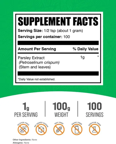 Vista 2 de BULKSUPPLEMENTS.COM Polvo de extracto de perejil – Suplemento de hierbas en polvo, fuente de antioxidantes – Sin gluten – 1000 mg por porción, 100