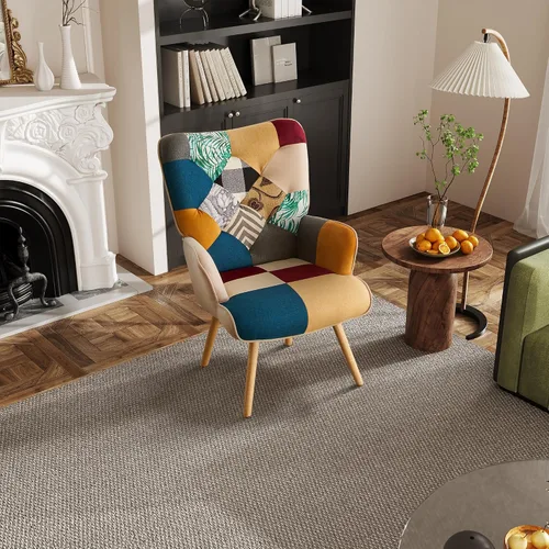 Vista 9 de Silla de Acento, Silla de Sala de Estar, Sillón Moderno de Respaldo Alto, Sillas de Lectura de Patchwork Colorido para Dormitorio, Silla de Descanso