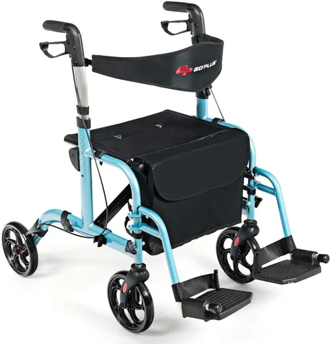 Vista 11 de GOPLUS Andadores con ruedas 2 en 1 para personas mayores, andador plegable con asiento, rueda de 8 pulgadas, combinación de andador médico y silla