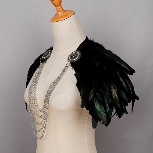 Vista 7 de Joukavor Disfraz de chal de plumas negras para mujer, cuello de plumas de Maléfica, parte superior de plumas