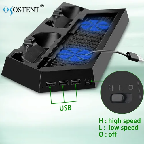 Vista 2 de OSTENT Dual Motors Cooling Fan Radiator Charger Station USB Hub Vertical Stand for Sony PS4Slim Console