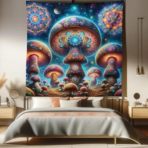Vista 98 de Ambesonne Tapiz de hongos, atmósfera psicodélica, escena astral estrellada con motivos orientales trippy, decoración de tela para colgar en la pared