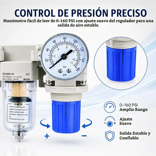 Vista 4 de BLCH Compresor de Aire Secador 1/4" NPT - Filtro Doble Compresor de Aire Regulador Compresor de Aire AC2000-02 Vaciado Manual Vaso de Polietileno