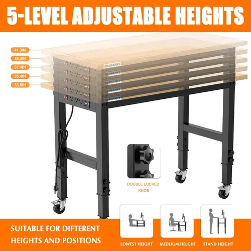 Vista 2 de Banco de trabajo ajustable de 48 pulgadas con ruedas, mesa de trabajo de madera de goma resistente con tomas de corriente, básculas de precisión