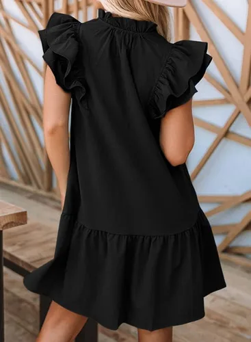 Vista 2 de Dokotoo Vestido corto de verano para mujer con cuello en V, cordón y volantes, manga corta, bolsillos laterales, mini vestido de verano