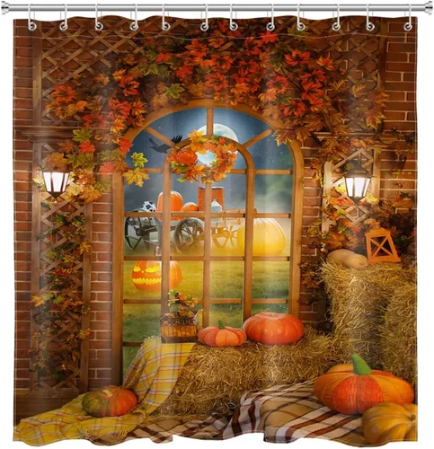 Vista 10 de HVEST Cortina de ducha de calabaza otoñal, hojas de arce, Acción de Gracias, Halloween, noche, calabaza, farol, cuervo, luna llena, juego de cortina