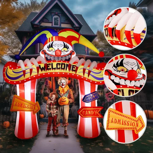 Vista 4 de WBHome 3 m Arco de payasos inflables de Halloween para decoración de exterior, del Día de los Muertos, para patio con luz LED integrada
