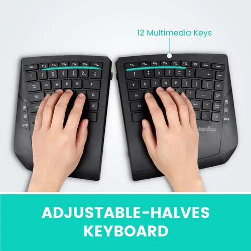 Vista 6 de Perixx PERIBOARD-624B US, teclado inalámbrico ergonómico dividido, separación de hasta 30 pies, ángulo de inclinación ajustable, teclas de membrana
